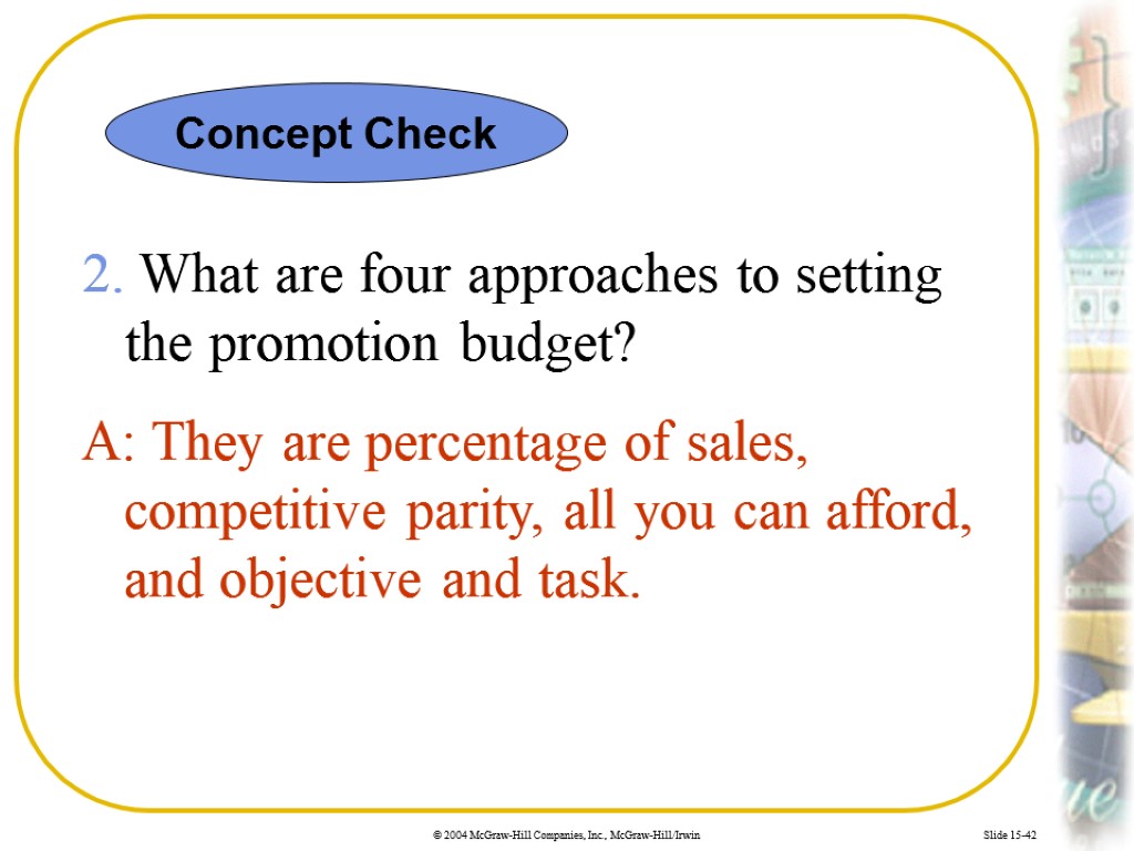 Slide 15-42 2. What are four approaches to setting the promotion budget? A: They